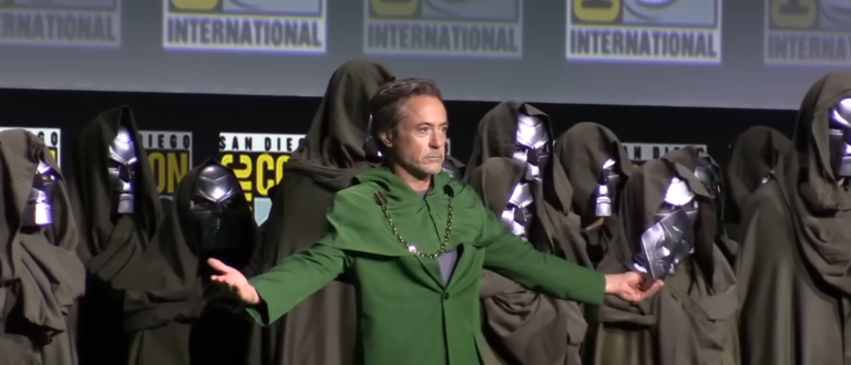 Robert Downey Jr. speaks onstage during the Marvel Studios Panel in Hall H at SDCC in San Diego, California on July 27, 2024