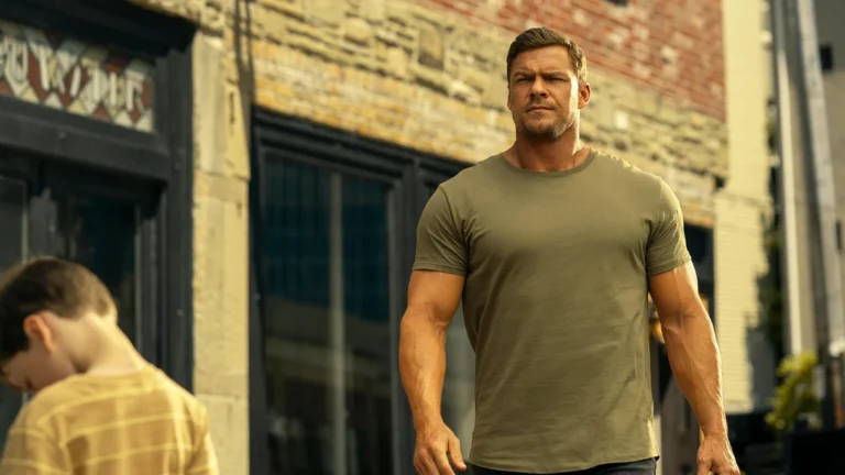 Alan Ritchson as Jack Reacher in a tense scene from the Reacher Season 4 trailer