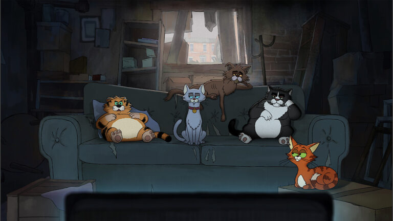 Animated stray cats sitting on a couch in Alley Cats.